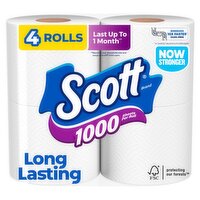 Scott 1000 Long Lasting Unscented Bathroom Tissue, one-ply, 4 count