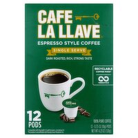 Cafe La Llave Espresso Style Coffee 100% Pure Coffee Single Serve Pods, 0.35 oz, 12 count