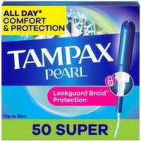 Tampax Pearl Tampons, with LeakGuard Braid, Super Absorbency, Unscented, 50 Count, 50 Each