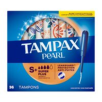 Tampax Pearl Tampons, with LeakGuard Braid, Super Plus Absorbency, Unscented, 36 Count