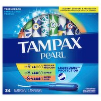 TAMPAX Pearl Regular, Super and Super Plus Absorbency Unscented Tampons Triplepack, 34 count, 34 Each