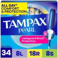 Tampax Pearl Tampons Multipack with LeakGuard Braid, Light/Regular/Super, 34 Ct, 34 Each