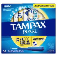 TAMPAX Pearl Regular Absorbency Unscented Tampons Jumbo, 50 count, 50 Each