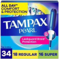 Tampax Pearl Tampons Multipack, with LeakGuard Braid, Regular/Super Absorbency, Unscented, 34 Count, 34 Each
