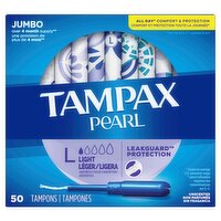 Tampax Pearl Tampons, with LeakGuard Braid, Light Absorbency, Unscented, 50 Count, 50 Each