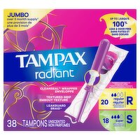 Tampax Radiant Tampons Multipack, with LeakGuard Braid, Regular/Super Absorbency, Unscented, 38 Cou, 38 Each
