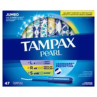 Tampax Pearl Tampons Multipack, with LeakGuard Braid, Light/Regular/Super Absorbency, Unscented, 47