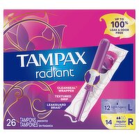 Tampax Radiant Tampons Multipack, with LeakGuard Braid, Light/Regular Absorbency, Unscented, 26 Cou