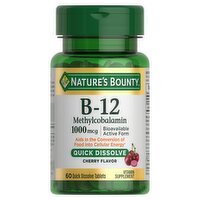 Nature's Bounty B-12 Methylcobalamin Cherry Flavor Vitamin Supplement, 1000 mcg, 60 count