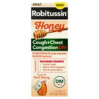 Robitussin DM Maximum Strength Adult Honey Cough+Chest Congestion Liquid, For Ages 12+, 4 fl oz