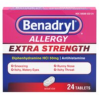 Benadryl Extra Strength Allergy Diphenhydramine HCI Tablets, 50 mg, 24 count