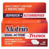 Motrin Dual Action with Tylenol Acetaminophen 250 mg and Ibuprofen 125 mg Tablets, 20 count