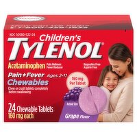 Children's Tylenol Pain + Fever Grape Flavor Chewable Tablets, Ages 2-11, 160 mg, 24 count, 24 Each