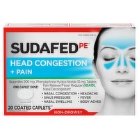 Sudafed PE Non-Drowsy Head Congestion + Pain Coated Caplets, 20 count, 20 Each