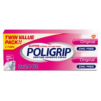 Super Poligrip Original Formula Zinc Free Denture and Partials Adhesive Cream, 2.4 ounce (Twin Pack)