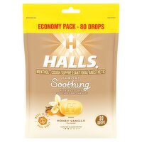 Halls Honey Vanilla Flavor Throat Soothing Drops Economy Pack, 80 count