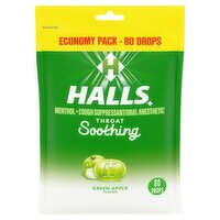 Halls Green Apple Flavor Throat Soothing Drops Economy Pack, 80 count, 80 Each