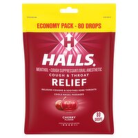 Halls Cough & Throat Relief Cherry Flavor Menthol Drops Economy Pack, 80 count, 80 Each