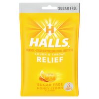 Halls Cough & Throat Relief Sugar Free Honey Lemon Flavor Menthol Drops, 25 count, 25 Each