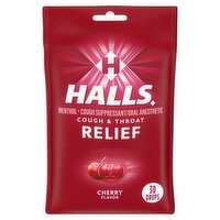 Halls Cough & Throat Relief Cherry Flavor Menthol Drops, 30 count