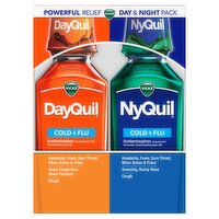 Vicks DayQuil and NyQuil Cold, Flu and Congestion Medicine, 2 x 12 oz bottles, Relieves Cough, Sore
