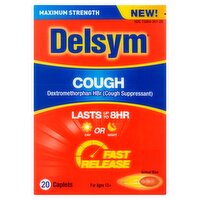 Delsym Cough Relief Day or Night Maximum Strength Caplets, For Ages 12+, 20 count, 20 Each