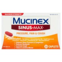 Mucinex Sinus-Max Maximum Strength Pressure, Pain & Cough Caplets, For Ages 12+, 20 count, 20 Each