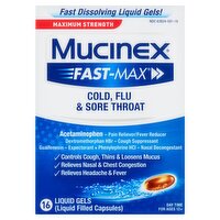 Mucinex Fast-Max Maximum Strength Cold, Flu & Sore Throat Liquid Gels for Ages 12+, 16 count