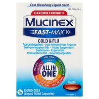 Mucinex Fast-Max Maximum Strength Cold & Flu Liquid Gels, for Ages 12+, 16 count