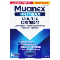 Mucinex Fast Max Maximum Strength Cold, Flu & Sore Throat Liquid Gels, Ages 12+, 16 count