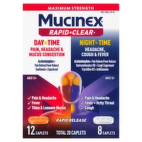 Mucinex Rapid+Clear Pain, Headache & Mucus Congestion Cough & Fever Caplets, Ages 12+, 20 count