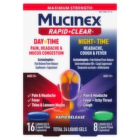 Mucinex Rapid+Clear Pain, Headache & Mucus Congestion Cough & Fever Liquid Gels, Ages 12+, 24 count