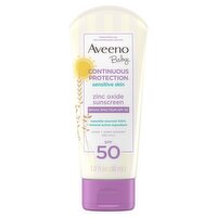 Aveeno Baby Continuous Protection Sensitive Skin Lotion Zinc Oxide Sunscreen SPF 50, 3.0 fl oz