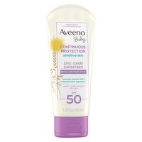 Aveeno Baby Continuous Protection Sensitive Skin Lotion Zinc Oxide Sunscreen SPF 50, 3.0 fl oz