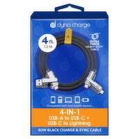 Dyno Charge 4 ft. 4-in-1 USB-A to USB-C + USB-C to Lightning 60W Black Charge & Sync Cable