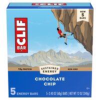 CLIF BAR - Chocolate Chip - Made with Organic Oats - 10g Protein - Non-GMO - Plant Based - Energy Bars - 2.4 oz. (5 Pack)