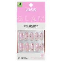 Kiss Glam 3D & Jeweled Breeze of Bliss Luminous Styles Nails, Size M, 32 count