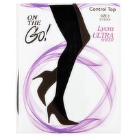 On The Go! Control Top Jet Black Lycra Ultra Sheer Pantyhose, Size 3