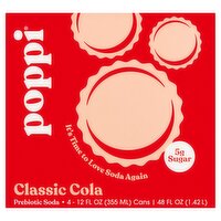 Poppi Classic Cola Prebiotic Soda, 12 fl oz, 4 count