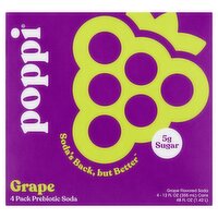 Poppi Grape Flavored Prebiotic Soda, 12 fl oz, 4 count