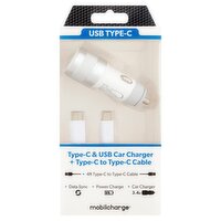 Mobilcharge 4ft Type-C & USB Car Charger + Type-C to Type-C Cable