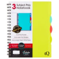  iScholar New York iQ College Ruled 3 Subject Poly Notebook, 120 sheets