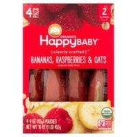 Happy Baby Organics Bananas, Raspberries & Oats Organic Baby Food, Stage 2, 6+Months, 4 oz, 4 count, 16 Ounce