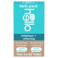 Hello Antiplaque + Whitening Natural Peppermint Fluoride Free Toothpaste Twin Pack, 5.0 oz, 2 count