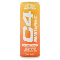 C4 Smart Energy Zero Sugar Sparkling Peach Mango Energy Drink, 12 fl oz