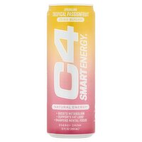 C4 Smart Energy Zero Sugar Tropical Passionfruit Sparkling Energy Drink, 12 fl oz