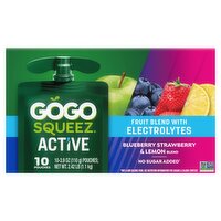 GoGo Squeez Active Blueberry, Strawberry & Lemon Fruit Blend with Electrolytes, 3.9 oz, 10 count