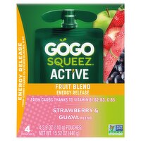 GoGo Squeez Active Energy Release Strawberry & Guava Fruit Blend, 3.9 oz, 4 count, 15.52 Ounce
