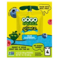 GoGo squeeZ No Sugar Added Blue Raspberry SlymeZ Fruit Gel On The Go, 3.5 oz (4 Pack)