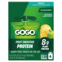 GoGo 8g Plant Protein Tropical Fruit Smoothie Dairy-Free Snack on the Go, 3.75 fl oz, 4 count